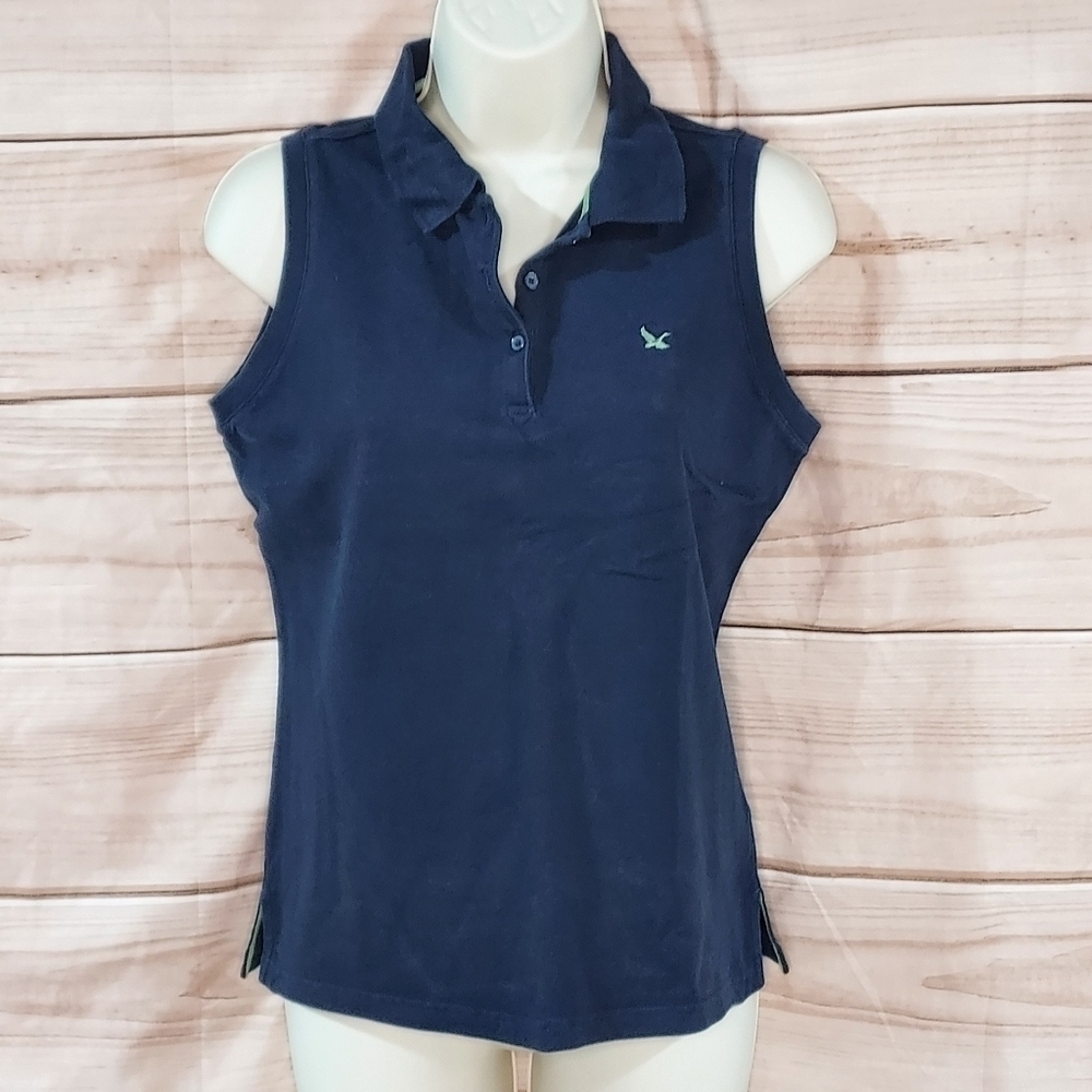 Eddie Bauer polo sleeveless top stretch navy blue lime green trim S Petite - Picture 1 of 8